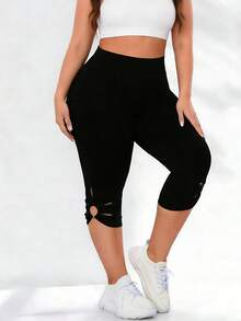 Plus Size Women's Solid Color Side Round Patchwork Tight Yoga Sports Capri Pants, Summer - Black - View 3