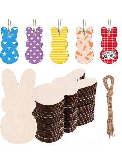 10/20/30 piezas Adornos de conejo de Pascua de madera sin terminar, siluetas de conejo de madera en blanco para pintar, rebanadas de conejo de madera con cuerda para manualidades DIY, etiquetas de regalo, decoraciones colgantes de primavera de Pascua
