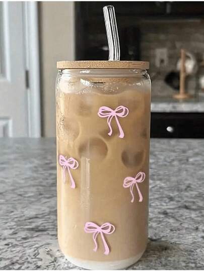 1pc 16oz Transparent Coffee Cup With Pink Bow Pattern, Comes With Bamboo Lid And Straw, Large Capacity Outdoor Travel Portable Drink And Juice Cup, Suitable For Summer And Winter Beverages, Birthday And Holiday Party Gift, Couple Gift, Applicable For Various Occasions, Essential For Outdoor Activities