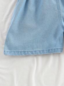 两件套女童夏季套装，时尚休闲日常穿着，蓝色牛仔连体裤和黑白条纹披肩套装 - 藍色 - 查看 5