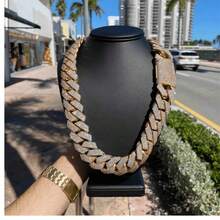 15mm Men's Cuban Chain Necklace With Ice Crystal Hip-Hop Rhinestones Dazzling Heavy-Duty Thick Chain Cuban Link Necklace Unisex Luxury Hip-Hop Jewelry Men's Chain Necklace Men's Cuban Chain Necklace - 金的 - 查看 6