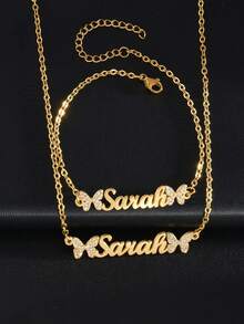 1set Personalized Customized Butterfly Zirconia Jewelry Set, Bracelet+Necklace Set, Butterfly Zirconia Inlay, Stainless Steel Customized Jewelry Set, Comes With Gift Box As Valentine's Day, Mother's Day, Ramadan Gift - Gold - View 2