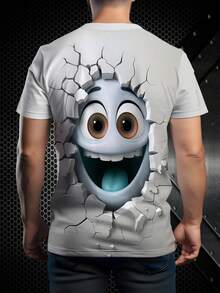 Camiseta blanca de manga corta con cuello redondo, estampado 3D de expresión linda de pared rota, 100% poliéster, para hombre - Multicolor - Ver 2