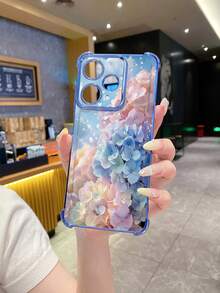 1个水滴蓝粉花朵防摔电镀摄像头保护手机壳，UV印刷，适用于三星Galaxy/Infinix/Redmi/OPPO/VIVO/Realme安卓机型 - 藍色 - 查看 1