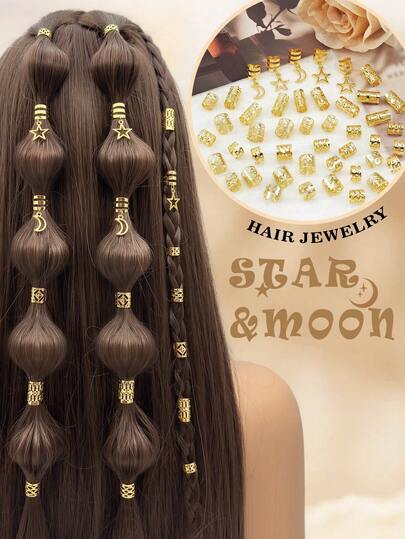 45PCS Gold Hollow Star And Moo Braid Clips Dreadlock Accessories Five-Pointed Braid Beads Charms Hair Jewelry For Girls Braids