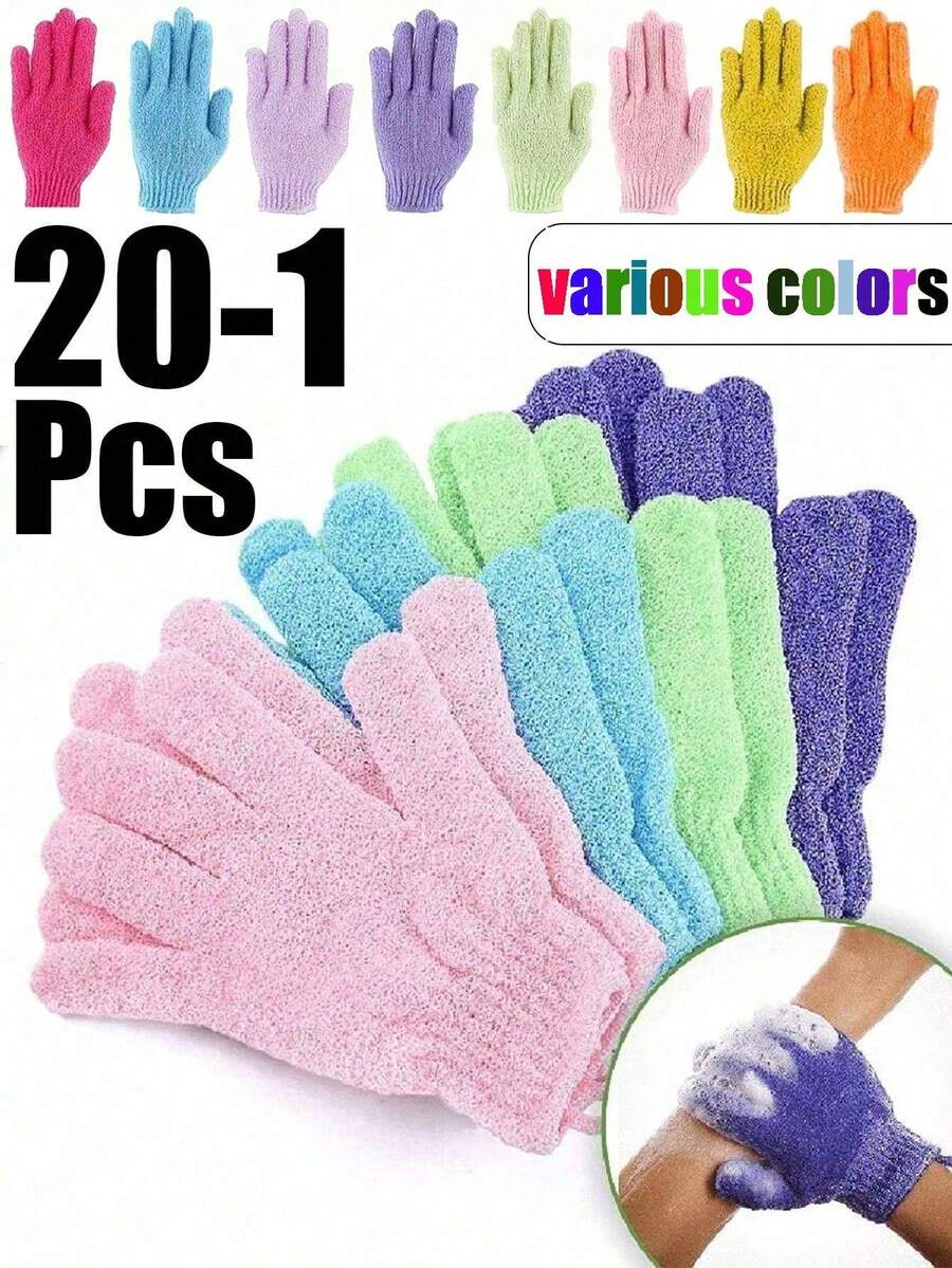 1-5只去角质沐浴手套 - 双面优质网状材质，可重复使用，穿戴方便 - 清洁身体：去除死皮、头皮屑、老茧和污垢。适用于淋浴、水疗、背部去角质和按摩，令肌肤洁净光滑。可在家、宿舍或旅行中使用。丝瓜络、沐浴海绵、浴室配件、身体护理工具、个人卫生用品