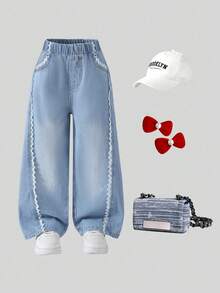 1pc Young Girl Casual Minimalist Daily White Petal Trim Light Blue Washed Denim Jeans, Autumn/Winter New - Light Wash - View 1