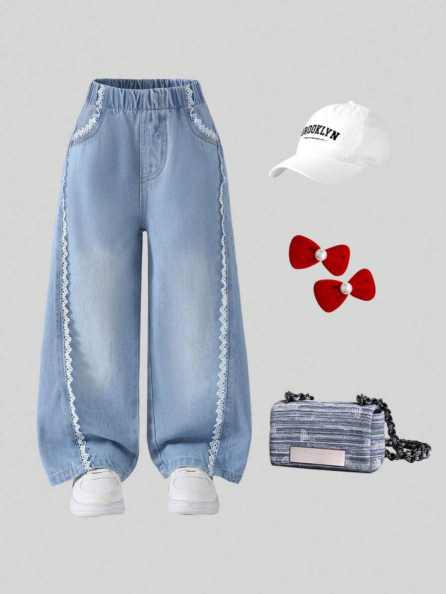 1pc Young Girl Casual Minimalist Daily White Petal Trim Light Blue Washed Denim Jeans, Autumn/Winter New - Light Wash - View 1