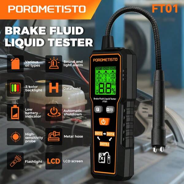 POROMETISTO FT01 汽车刹车油测试仪，通用型，适用于 DOT3/4/5.1 标准，带背光柔性探头，可检测水分含量，汽车维修工具，液晶显示屏，便携式
