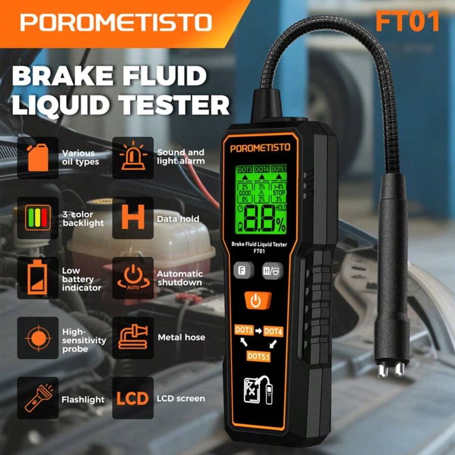 POROMETISTO FT01 Automotive Brake Fluid Tester, Universal For DOT3/4/5.1, Backlit Flexible Probe, Water Content Detection, Automotive Repair Tool, LCD Display, Portable - C - View 1