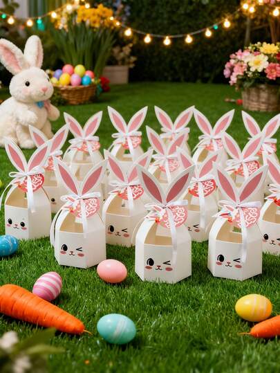 6pcs Easter Gift Boxes, Cute Rabbit Shaped Decorative Paper Baskets, Easter DIY Party Gift Bags, Party Favor Decorations, Suitable For Spring Easter DIY Gift Basket Decor, Easter Candy Packaging Tote Bags, Easter Bunny Party Decorations