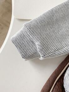 2pcs/Set Cute Cartoon Bear Pattern Gray Striped Long Sleeve Sweatshirt And Brown Straight Leg Pants Outfit For Baby Boy Casual Wear - Multicolor - View 4