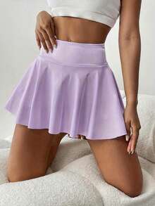 高腰白色网球短裙，二合一防闪光高尔夫/羽毛球/健身短裤裙，带口袋，夏季运动裙裤，适合瑜伽、户外跑步，新款女装 - 淡紫色 - 查看 2