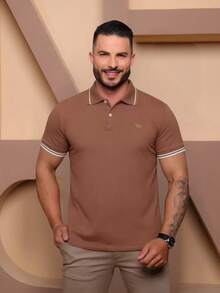 Men's Polo Shirt With Cuffs, Men's Cotton T-Shirt - 巧克力棕 - 查看 1