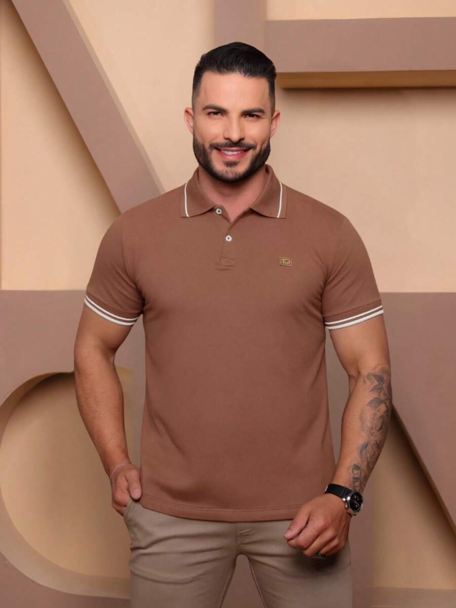 Men's Polo Shirt With Cuffs, Men's Cotton T-Shirt - 巧克力棕 - 查看 1