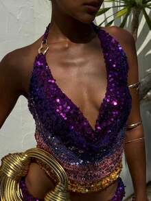 Rainbow Sequin Glitter Top For Women's Disco Queen Party Outfit Costume Cowl Neck Backless Halter Vest For Theme Party Carnival - 彩色 - 查看 7