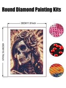 骷髅女人钻石画套装，成人款，全钻钻石点画，适合初学者，圆形5D钻石画，宝石艺术绘画套装，DIY工艺品 - 彩色 - 查看 3