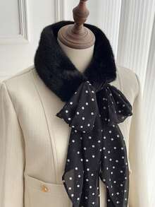 1pc Black Polka Dot Scarf With Fur Collar And Ribbons, Niche High-End American Style Warm Neck Wrap - Polka Dots - View 4