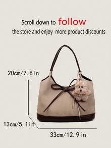 1pc Fashion Color Block PU Leather Handbag, Stylish Shoulder Tote Bag, Suitable For Daily Outing, Dating, Commuting, Comes With Pendant - Khaki - View 4