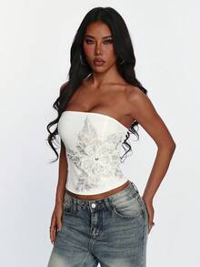 夏季新款白色抹胸露脐上衣，性感亮片花卉刺绣抹胸设计，露背系带修身露脐上衣 - 白色 - 查看 9