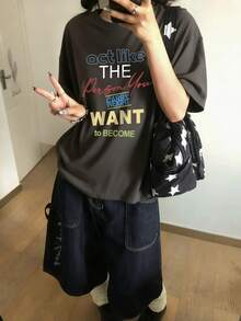 女式休闲宽松百搭舒适图案印花圆领 T 恤上衣 - 深灰色 - 查看 1