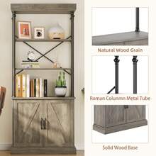 Estantería Alta con Puertas de 73.6 Pulgadas, Estante Abierto de Almacenamiento Industrial con gabinete, estantería de Madera y Metal, estantería de Granja, Estante Grande de exhibición - Gris - Ver 4