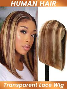 4/27 高光波波头假发 直发蕾丝前假发 真人发 渐变色波波头假发 真人发 13*4 蕾丝前假发 渐变棕色假发 180% 密度 - SP4/27 - 查看 6