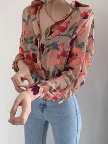 Camisa de mujer Camisa de manga larga con protección solar para mujer, con diseño vanguardista, holgada y elegante, con estampado floral en gasa. - Rosa - Ver 1