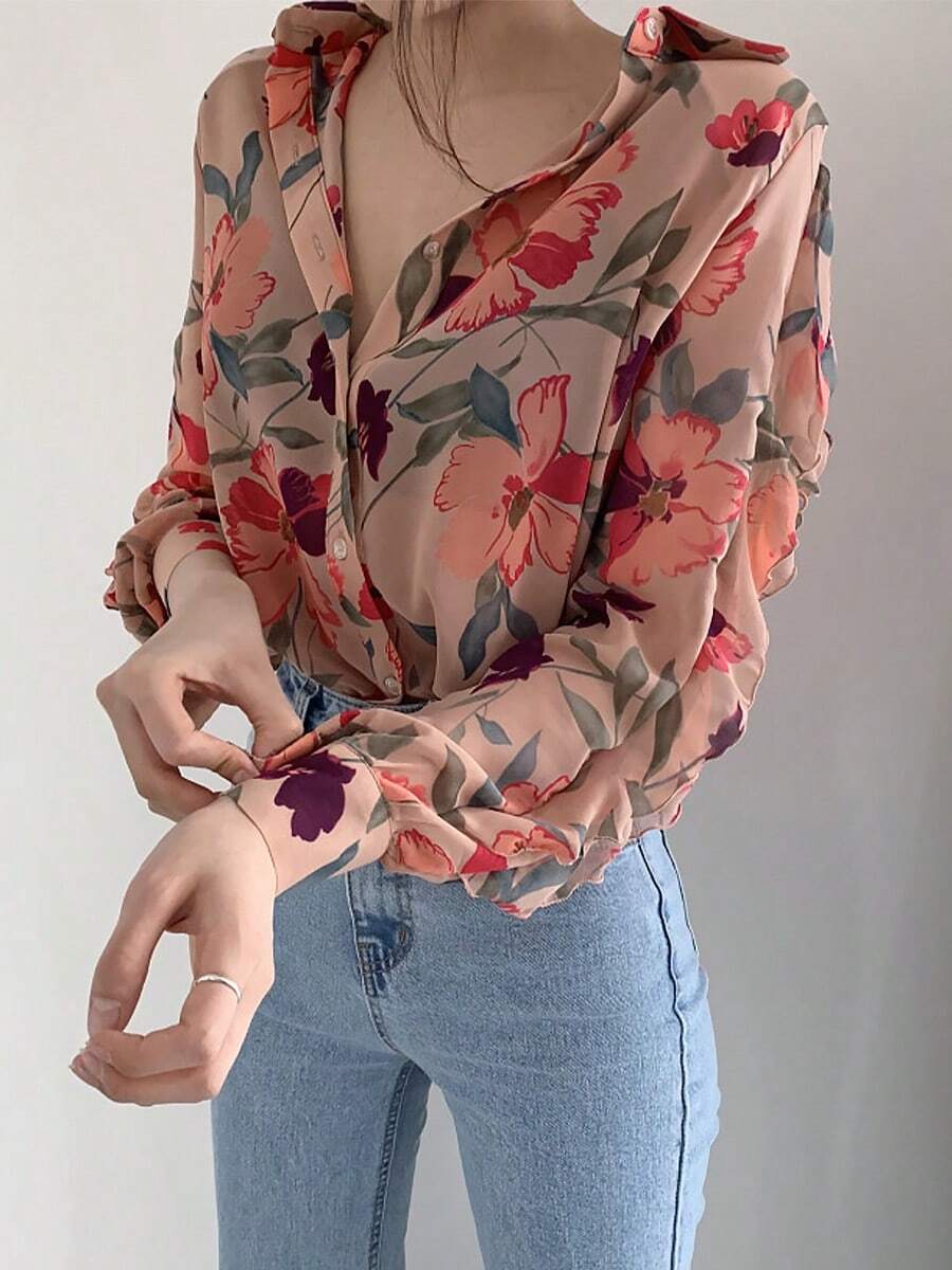 Camisa de mujer Camisa de manga larga con protección solar para mujer, con diseño vanguardista, holgada y elegante, con estampado floral en gasa. - Rosa - Ver 1