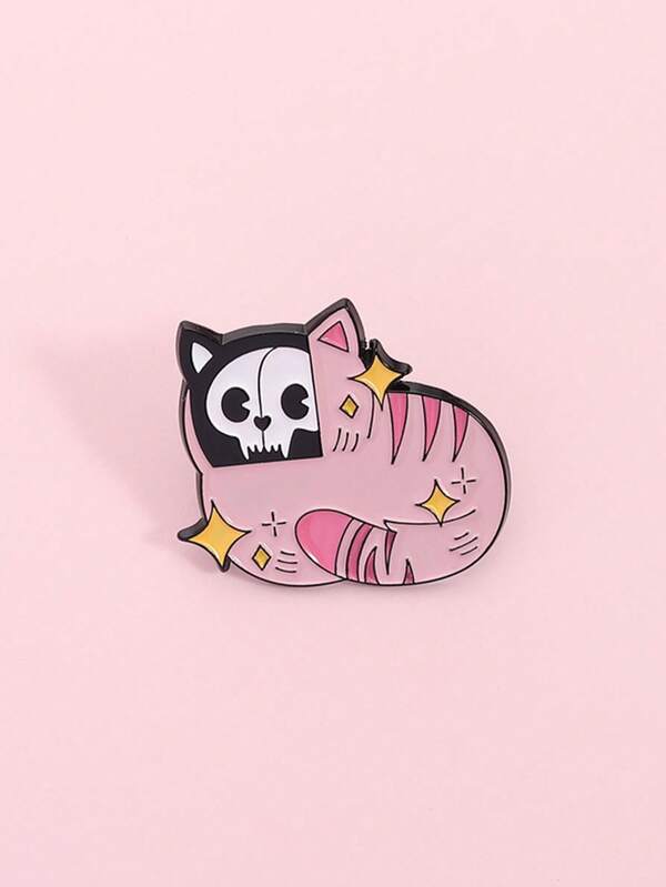 1Pc Pink Skeleton Cat Enamel Pin Punk Cartoon Kitten Animal Brooch Lapel Badge Fashion Jewelry Accessories Gift For Friend