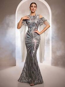 女士圆领亮片网纱拼接紧身长裙 - 銀色 - 查看 1