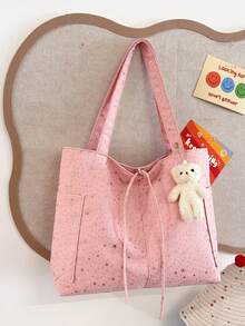 休闲尼龙女士手提包，大容量，时尚星形图案，女士单肩包，新款学生简约风格 - 粉色 - 查看 7