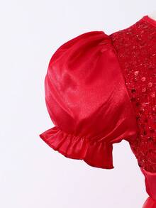 Spring/Summer Girls' Elegant Princess Dress With Crystal Embroidered Bow, Sequins & Mesh Details At Back - Red - View 3