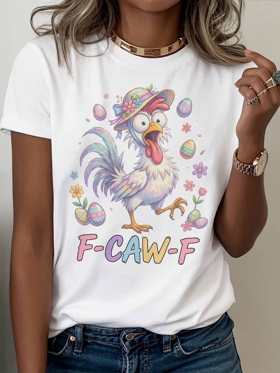 FCAWF-Easter-Funny-Chicken A Beautiful And Interesting Women's T-Shirt,  Yet Niche And Simple In Style Simple And Chic Women's Round Neck Tee Spring And Summer Casual Fashion Piece, Great For Giving As A Gift - trắng - Xem 1