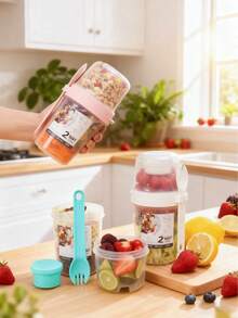 1pc Breakfast Salad Cup,Breakfast Food Container Jar,Creative Double-Layer Salad Cup,Portable Fruit & Vegetable Light Food With Fork Cover,Suitable For Yogurt,Oatmeal,Fruit,Slimming Fitness Diet Cup,Travel Water Cup,For Picnic Camping,Kitchen,School. - Multicolor - View 2