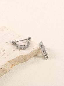 1 Pair Women's Stainless Steel Earrings, Fashion Zirconia Embedded C-Shape Screw Stud Earrings, Punk Piercing Daily Accessory - Silver - View 5