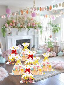 10个50*70厘米复活节透明礼品袋，印有兔子、小鸡、彩蛋图案，配红/黄丝带，可用于礼品包装、复活节篮子包装、彩蛋包装等，适用于复活节、节日派对、主题活动和生日派对。 - 彩色 - 查看 10