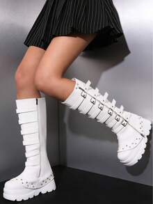 Women's Y2K Style Black Metal Punk Combination Long Boots Cool Platform Height-Enhancing Knee-High Botines Zipper Buckle Leggings Botas, Christmas And Halloween Style Boots - 白色 - 查看 5