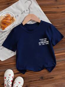 男童休闲印花圆领短袖T恤，夏季上衣 - 藏蓝色 - 查看 6