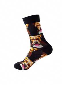 1双男女通用黑色比特犬印花透气可爱中筒袜，适合日常穿着和宠物爱好者，四季皆宜。 - 彩色 - 查看 4