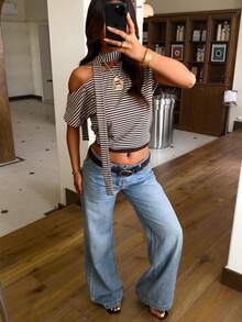 Áo thun ngắn tay dáng lửng in sọc, bèo nhún bất đối xứng, thiết kế kiểu Mỹ cổ điển GLOpass, kiểu áo thời trang thắt eo dành cho nữ mùa hè. - màu nâu - Xem 6