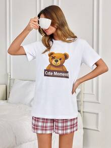 Women Allover Printed Relaxed Cottonline Regular Sleep Set With Short And T-Shirt - White - View 3