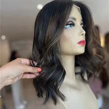 Peluca corta con ondas de bob, con degradado marrón y reflejos dorados para mujeres, sin pegamento, con línea del cabello previamente desbastada, de fibra resistente al calor de alta calidad, adecuada para cosplay, uso diario y fiestas - Multicolor - Ver 7