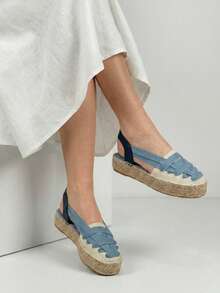 Chaussures Soraia, espadrilles plates à plateforme style bohème pour femme, sandales en toile sans talon avec brides croisées et semelle en jute tressée, idéales pour l'été et la plage. - Bleu azur - Voir 2