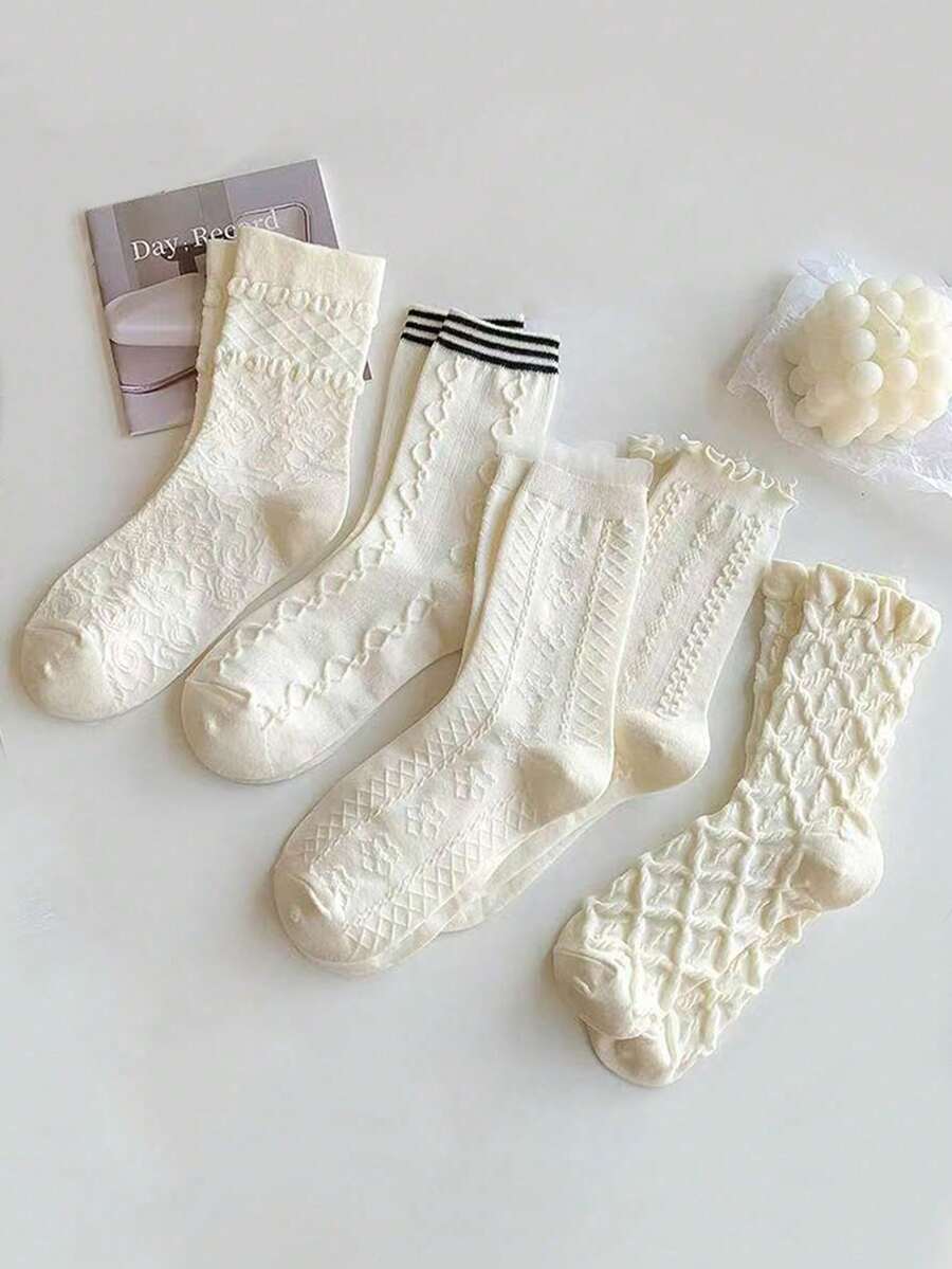 5双装白色蕾丝边时尚百搭中筒袜（女士款） - 彩色 - 查看 1