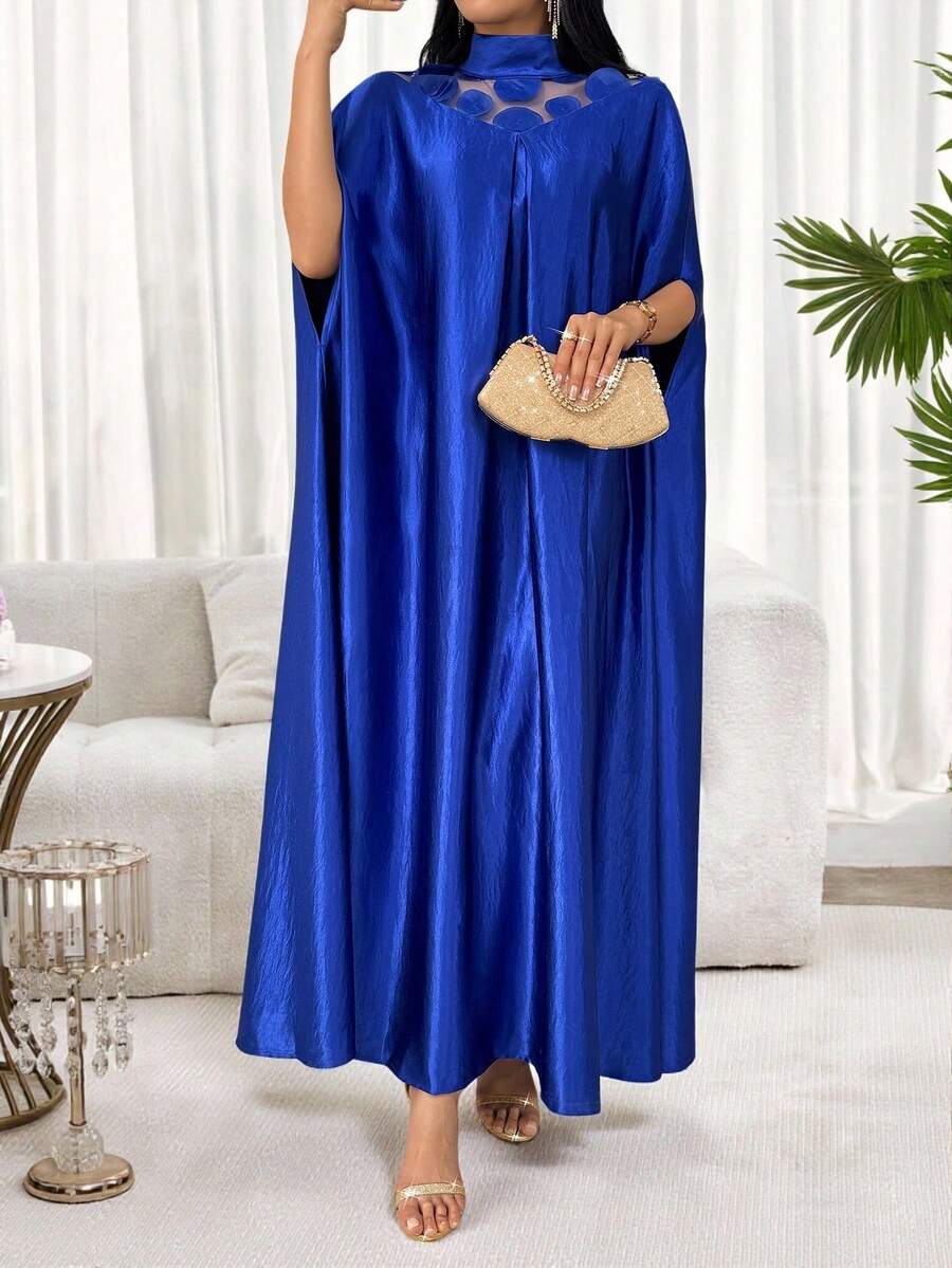 Women's Patchwork Mesh High Collar Abaya Robe - Blue - View 1