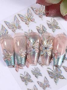 2片装5D蝴蝶浮雕美甲贴纸，金色渐变美人鱼全息复古蝴蝶DIY美甲贴花，Y2K全息滑动美甲装饰 - 彩色 - 查看 9