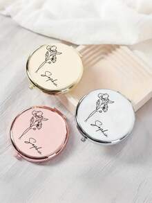 1个个性化刻字不锈钢便携镜，饰有生日花图案 - 可定制姓名，适合女性、伴娘、求婚、婚礼、生日、圣诞节等场合，优雅便携，可定制姓名 | 精致便携镜 | 刻字配饰 - 彩色 - 查看 9