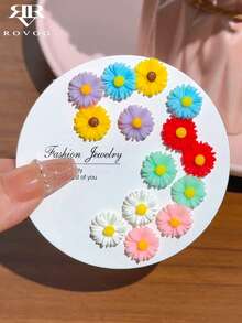 7对简约优雅糖果色花卉时尚奢华精致雏菊日常休闲/派对耳环套装（女士） - 彩色 - 查看 2