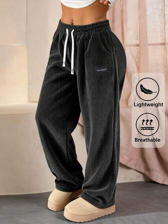 新款女士时尚灯芯绒休闲裤，轻盈透气，纯色设计，带抽绳口袋，适合春、夏、秋季户外及休闲穿着，黑色